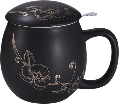 Yundu 12 OZ Matte Purple Ceramics Teacup with Infuser and Lid, Mug with Lid for Steeping - Stainless Steel Infuser for Loose Leaf Tea, Home Office Gift for Tea Lovers