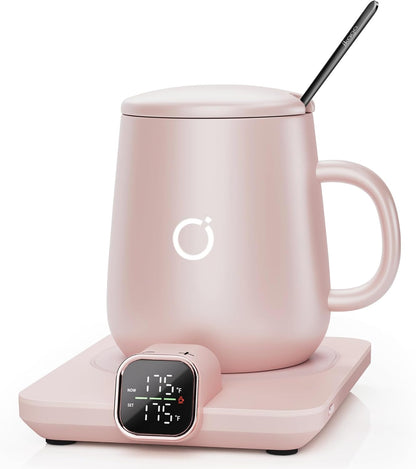 Coffee Cup Warmer & IKAGO Mug Set, 1℉ Precise Temp Control Mug Warmer | Auto Shut Off, Infrared Sensor, Dual Temp Display, ℉/℃ Optional, 15oz Mug with Spoon & Lid Included, Gifts for Men Women