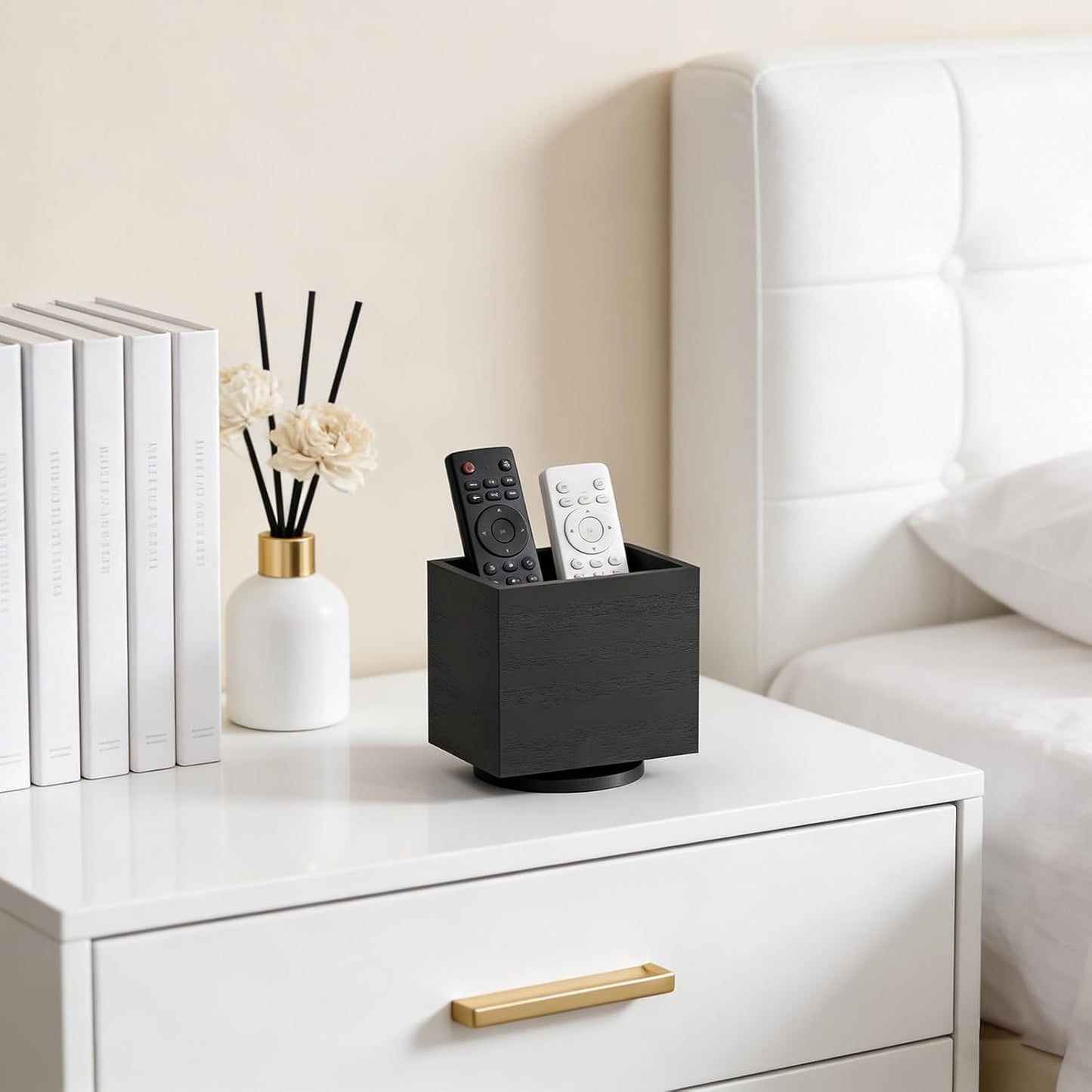 360° Rotating Remote Control Holder, Wooden TV Remote Holder for Table, Desk Organizer Caddy Media Storage Box for Living Room,Nightstand,Couch (Black)