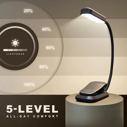 Rechargeable Book Light for Reading in Bed 25 LED - Eye Caring 15 Level Stepless Dimming, Extended 90Hrs Runtime, Lightweight Clip on Light, Gifts for Book Lovers, Black
