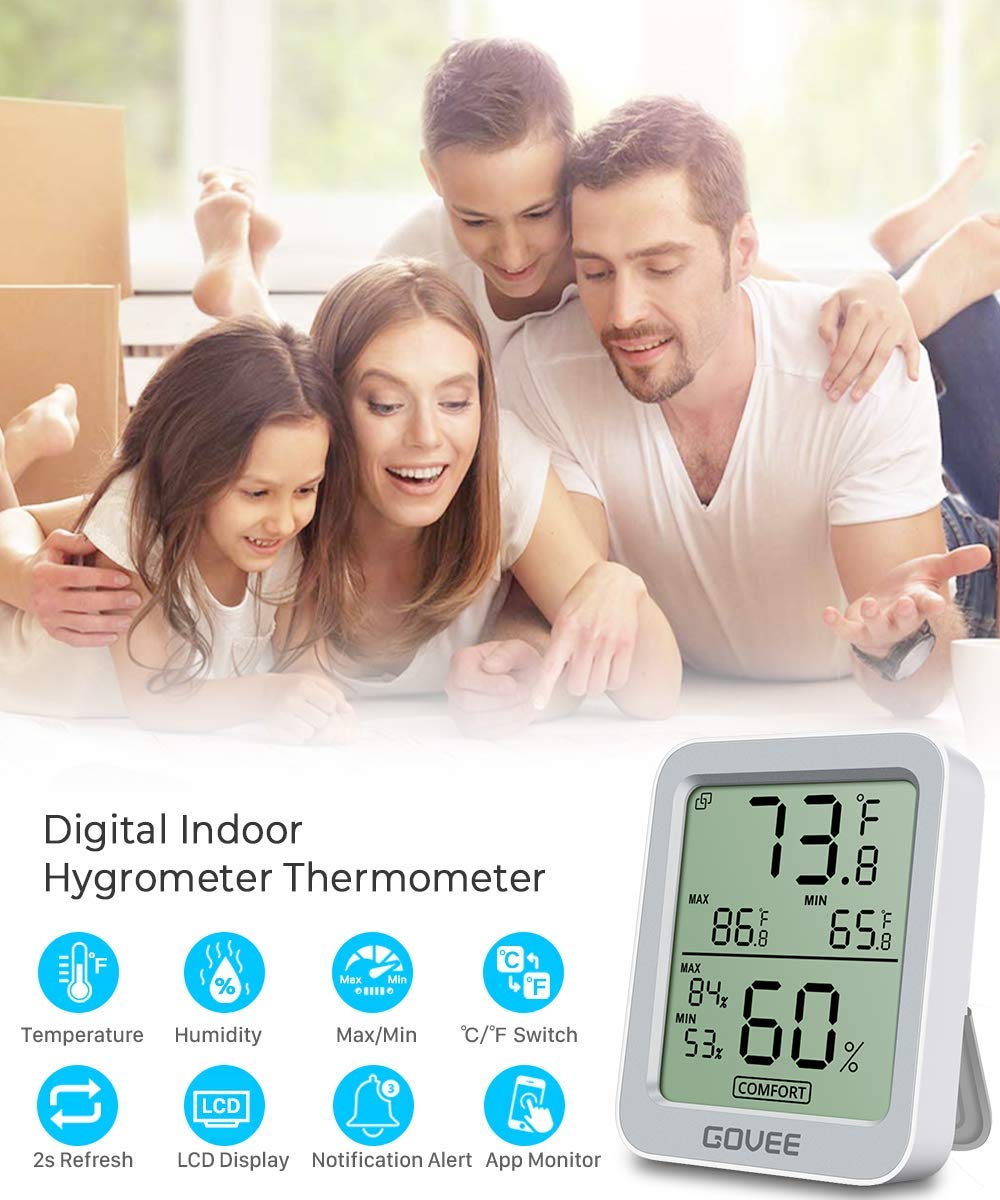 Govee Indoor Hygrometer Thermometer H5075 with Bluetooth App Control | Room Temperature Humidity Meter, 164ft Remote Monitor, Smart Alerts, 2 Years Data Storage Export, for Bedroom Wine Cellar