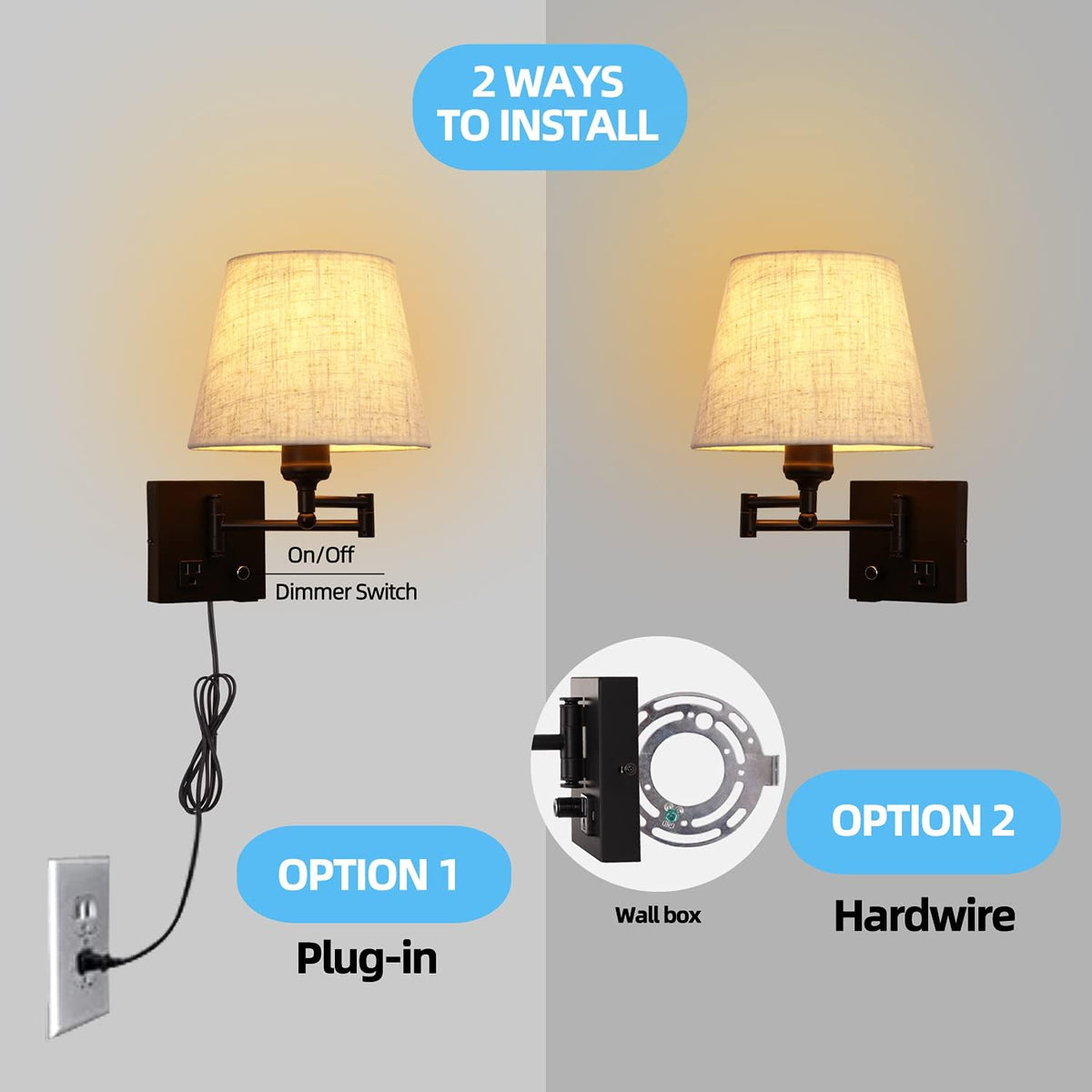 Bedside Wall Mount Light with Dimmable Switch and Outlet, Swing Arm Fabric Shade Wall Sconce Light with USB Port and Plug in Cord, Black Wall Lamp for Bedroom, Living Room and Hotel