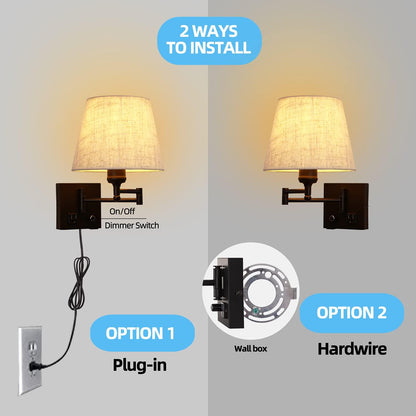 Bedside Wall Mount Light with Dimmable Switch and Outlet, Swing Arm Fabric Shade Wall Sconce Light with USB Port and Plug in Cord, Black Wall Lamp for Bedroom, Living Room and Hotel