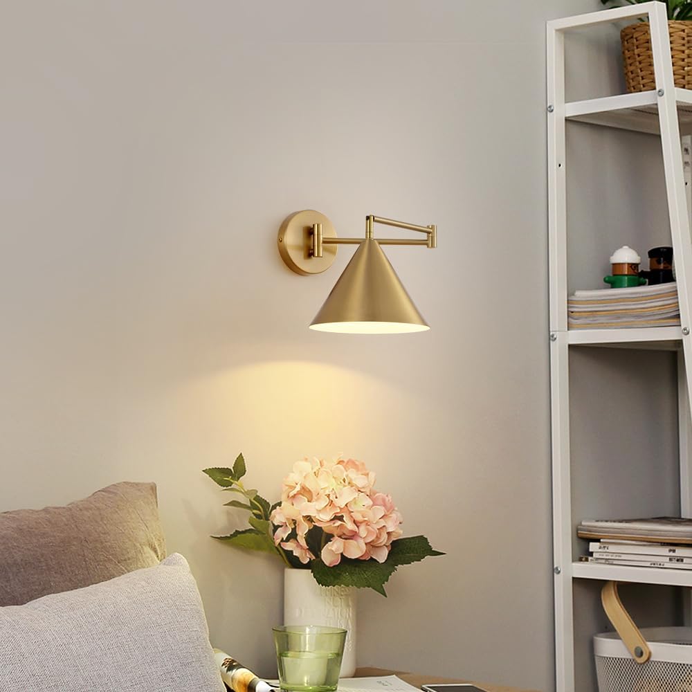 Rechargeable Swing Arm Wall Sconces Set of 2,Gold Battery Operated Wireless Dimmable 3 Color Wall Light with Remote,Cone Indoor Light Fixture for Bedside,Kitchen,Hallway,Living Room,Reading