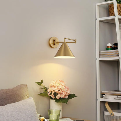 Rechargeable Swing Arm Wall Sconces Set of 2,Gold Battery Operated Wireless Dimmable 3 Color Wall Light with Remote,Cone Indoor Light Fixture for Bedside,Kitchen,Hallway,Living Room,Reading