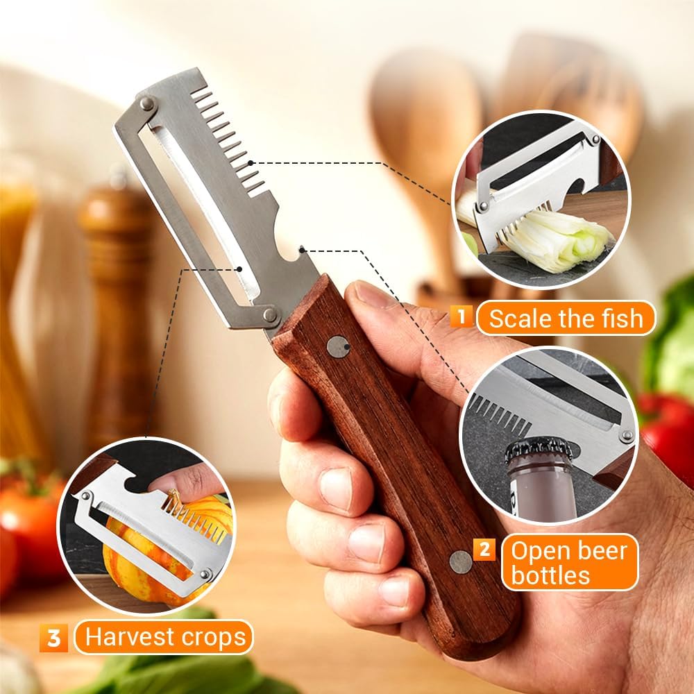 Multi-Functional Stainless Steel Thickened Fruit Peeler Knife, 2026 New 3 in 1 Stainless Steel Blade Peeler for Kitchen with Wooden Handle and Bottle Opener for Vegetable & Fruit (MIX, 2PCS)