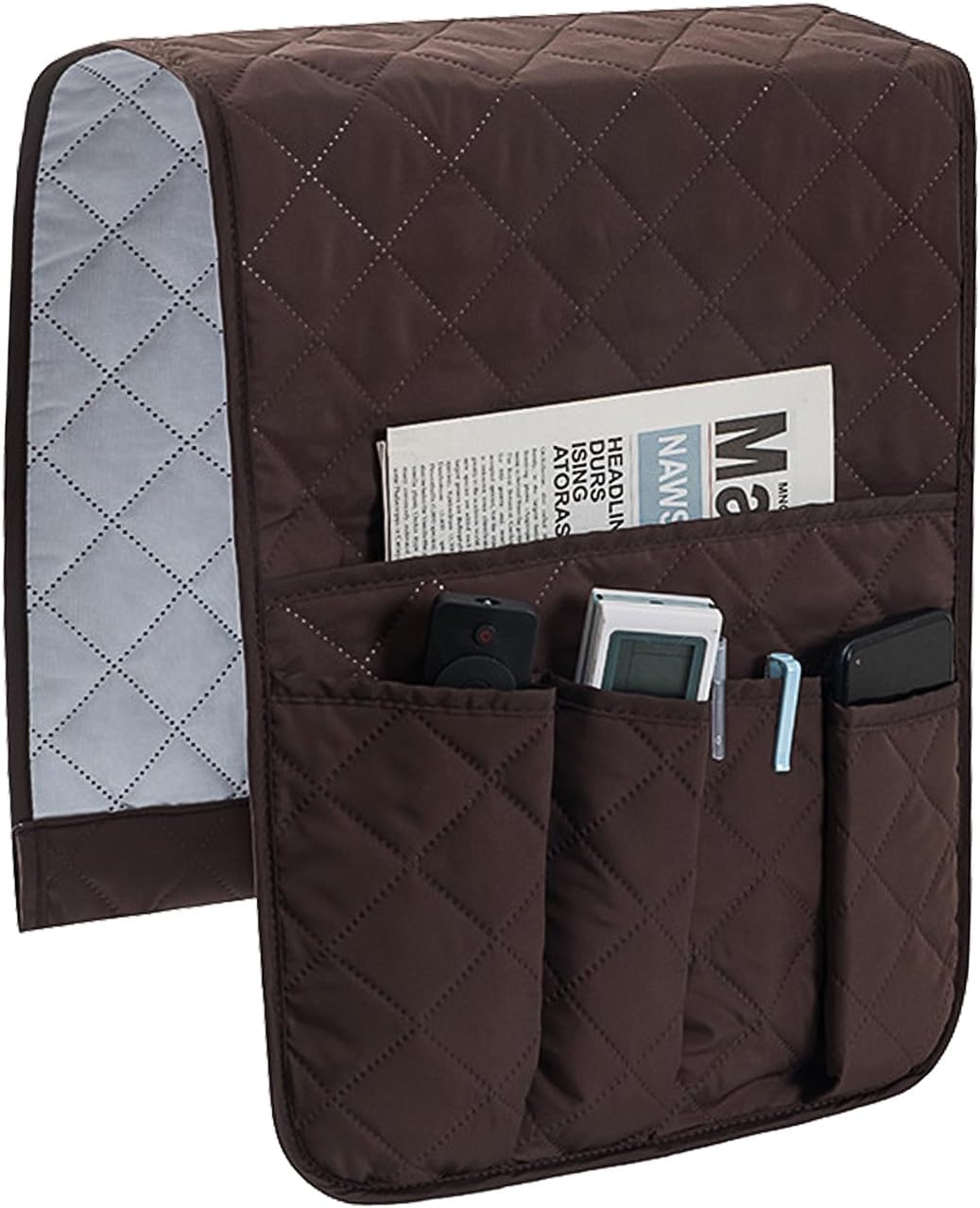 Huakaile Foldable Remote Control Holder Non-Slip Couch Sofa Chair Waterproof Armrest Organizer with 5 Pockets Armrest Organizer Couch Recliner Caddy Fits for Ipad, Phone, Magazines (Coffee)