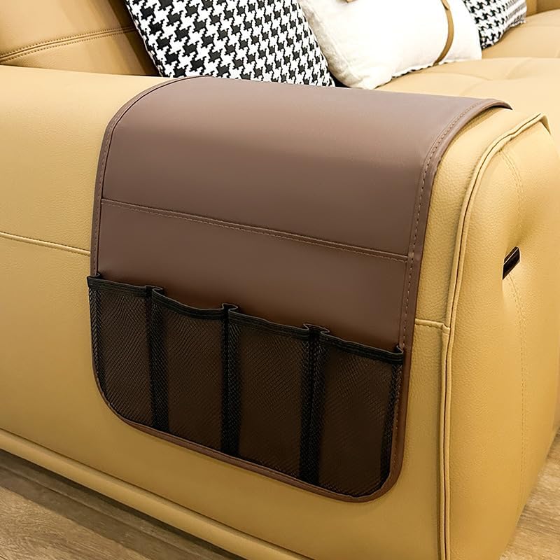 Anti-slip Sofa Armrest Bag with 5 Pockets Leather Remote Control Holder Organizer for Tablet Magazine Newspaper Glasses Earphone