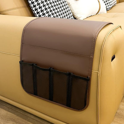 Anti-slip Sofa Armrest Bag with 5 Pockets Leather Remote Control Holder Organizer for Tablet Magazine Newspaper Glasses Earphone