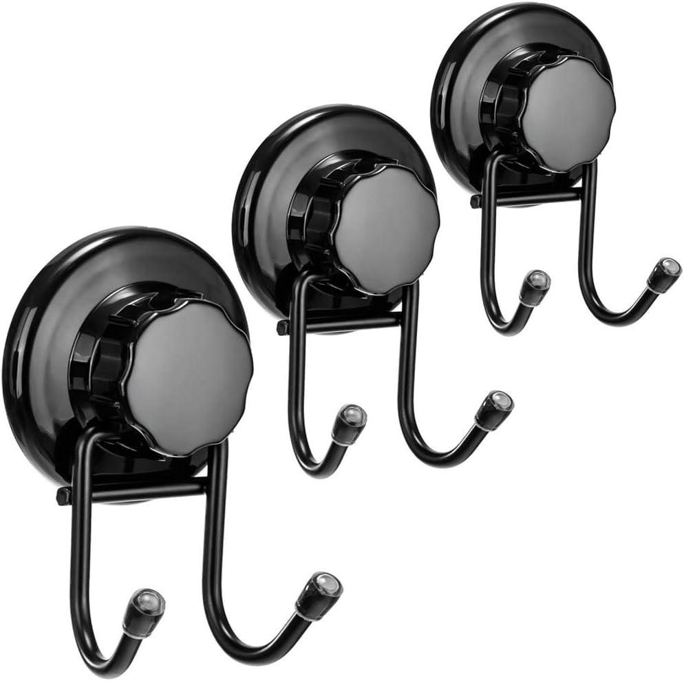 SANNO Suction Cup Hooks, Shower Squeegee Holder, Towel Robe Loofah Holder, Bathroom Kitchen Shower Wall Hooks, Bathroom Accessories, Black (2 Pack)