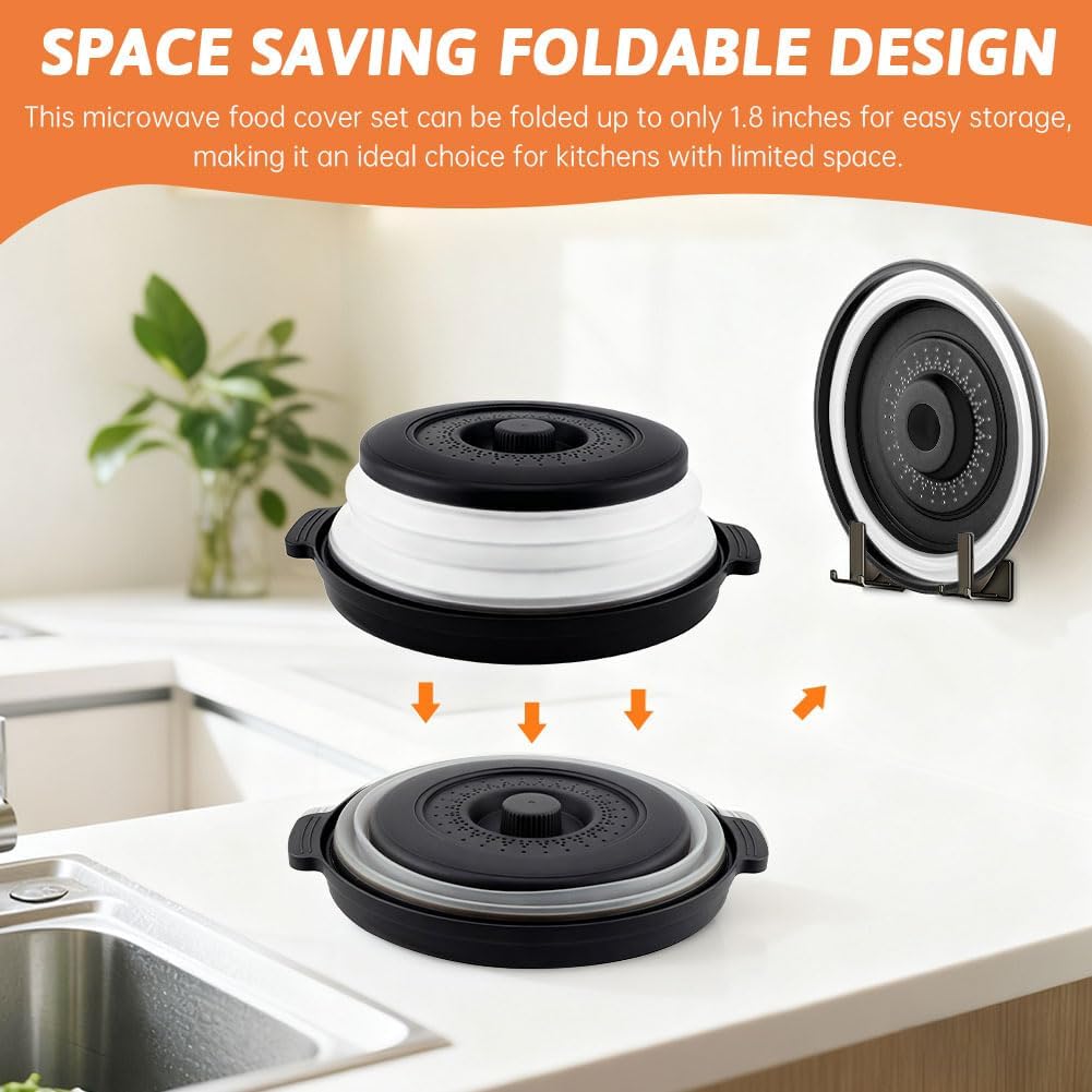 Collapsible Microwave Splatter Cover for Food with Base Mat,Silicone Microwave Plate Cover,Vented Silicone Splatter Guard Lid Vegetable Fruit Colander for Even Heatin(27 * 9.5cm,COLOR:Grey)