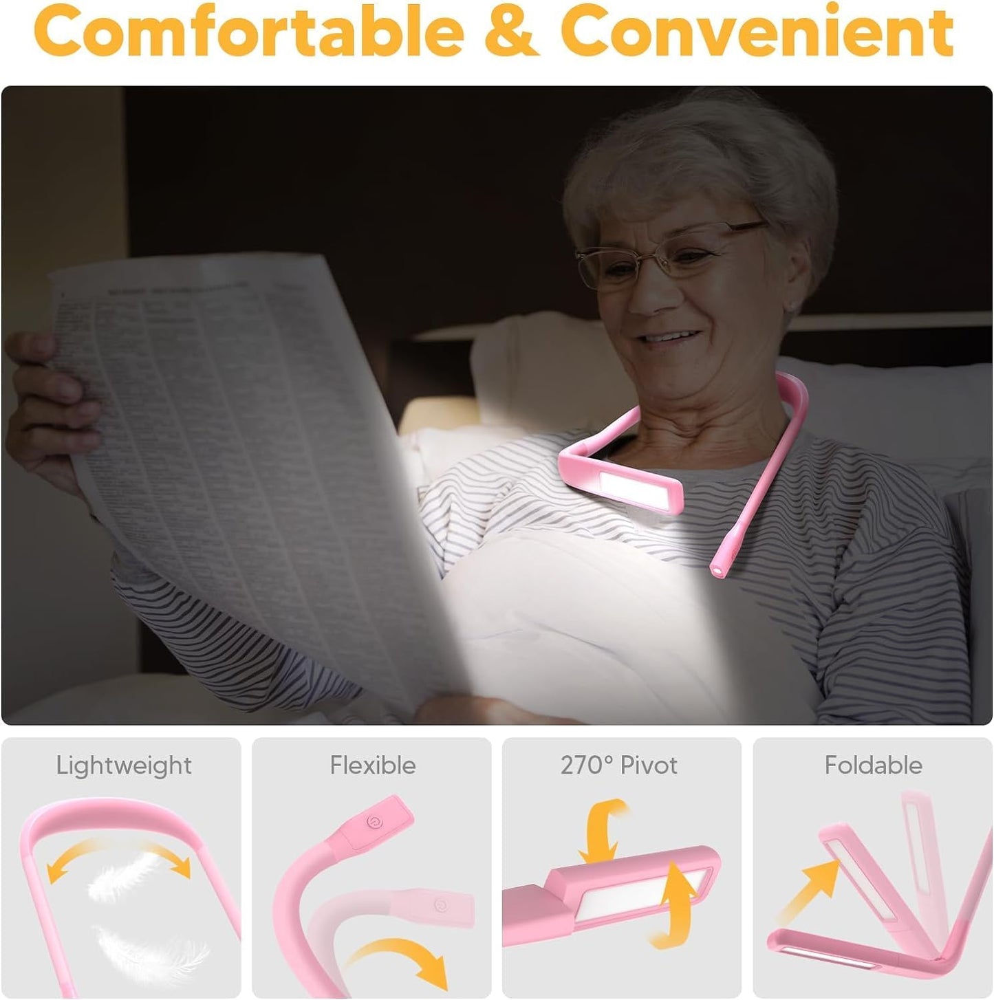 Neck Reading Light Book Lovers Gifts, Rechargeable 80Hrs Eye-friendly 3 Colors & Stepless Dimming Book Light for Reading, Christmas Stocking Stuffers for Men Women Camping Knitting Crochet Accessories