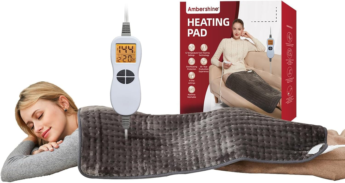 Ambershine 19''x24'' Weighted Neck & Shoulder Heating Pad, 2.5lbs with 12 Temperature Settings& 4 Auto-Off Timers, Pain Relief for Neck/Shoulder/Back(Gray&Blue)