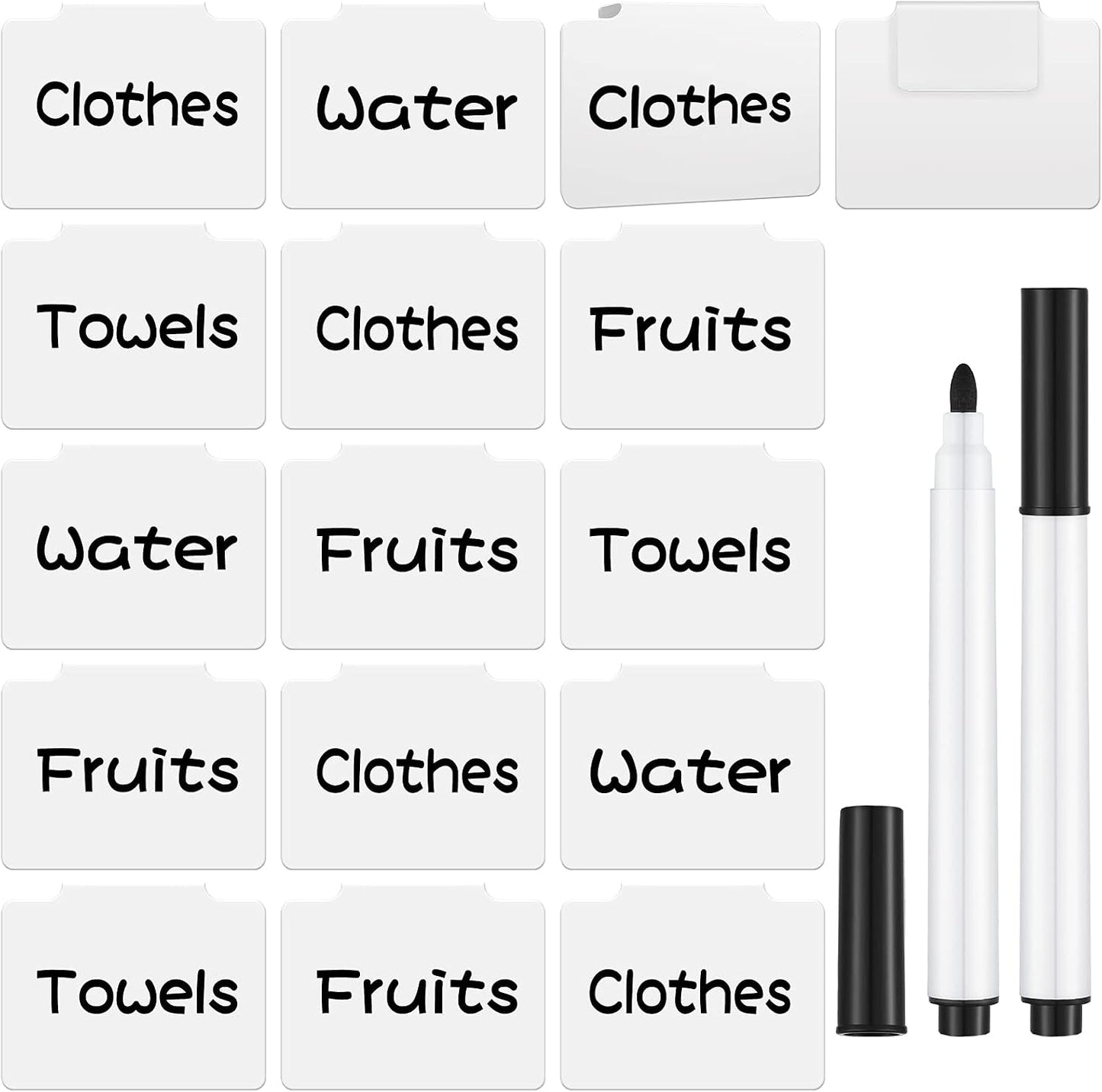 18 Pcs White Basket Labels Clip on, Removable Hanging Bin Labels for Storage Bin with Chalk Markers for Basket Kitchen Pantry