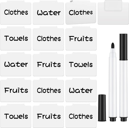 18 Pcs White Basket Labels Clip on, Removable Hanging Bin Labels for Storage Bin with Chalk Markers for Basket Kitchen Pantry