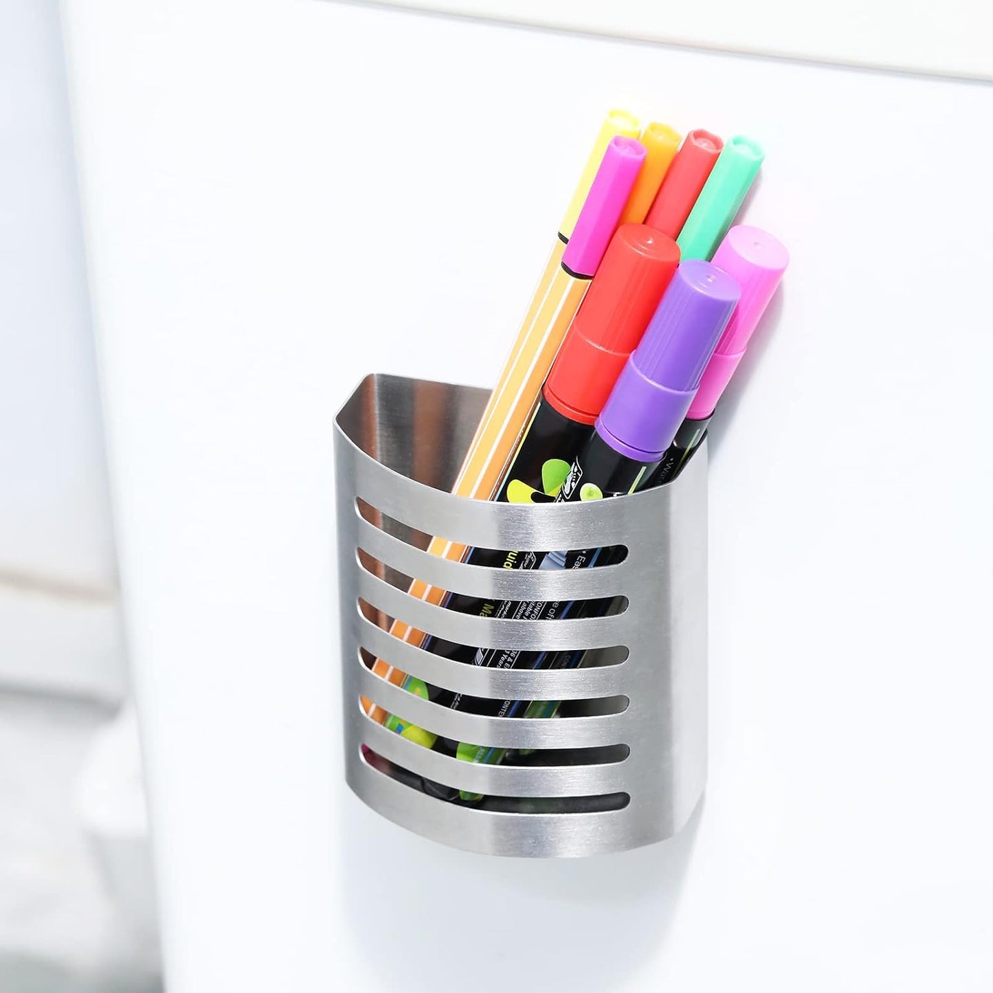 Magnetic Modern Pen and Pencil Holder, 3.25" x 1.75" x 3.50" | Metal Writing Utensil Storage Organizer for Kitchen, Locker, Home, or Office, Brushed Stainless Steel