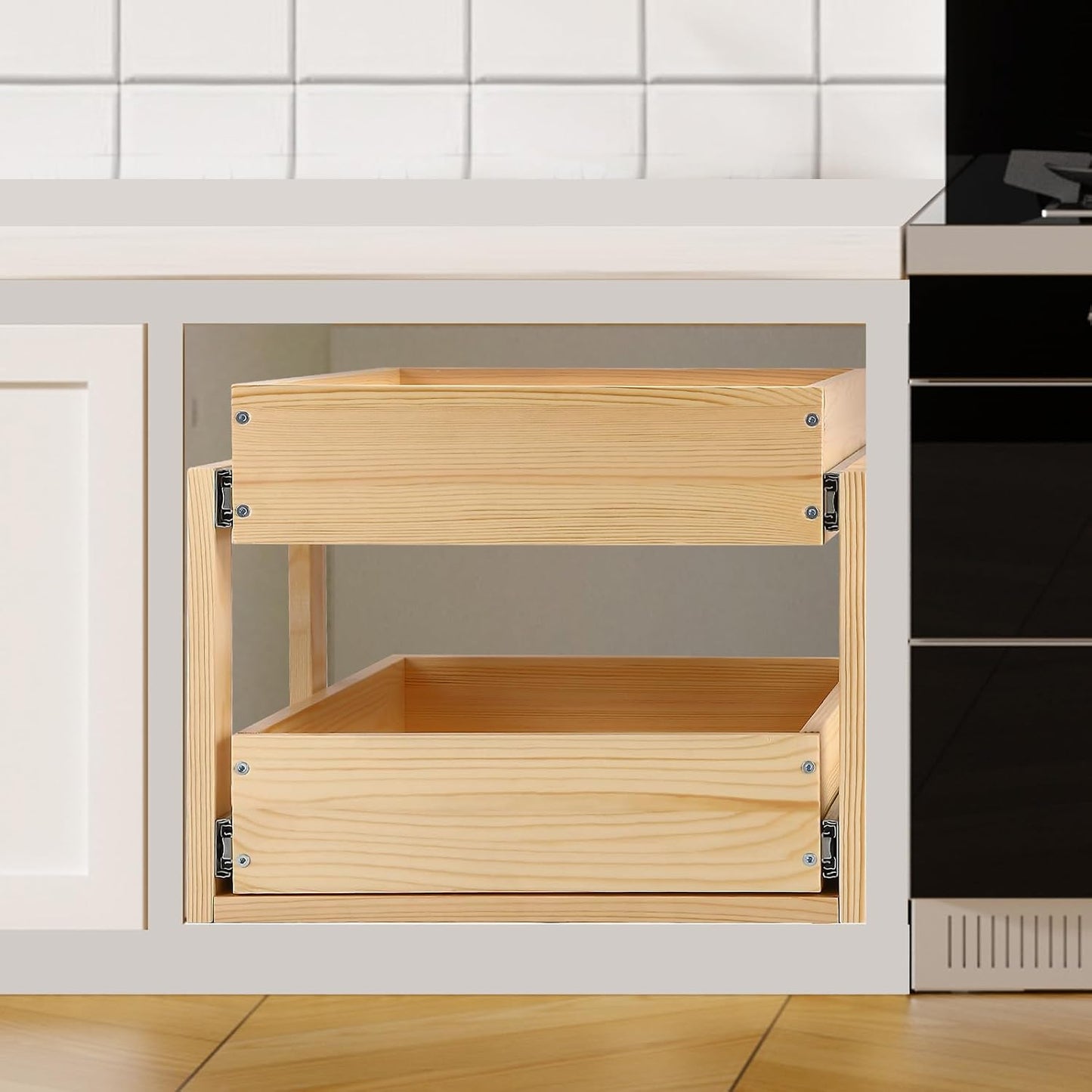 Pull Out Cabinet Organizer 17''W×21''D×16''H Slide Out Drawer | Soft Close Wood Kitchen Pullout Drawers for Cabinets Shelves for Kitchen, 2-Tier, Finished, Heavy-Duty, Bottom Assembly