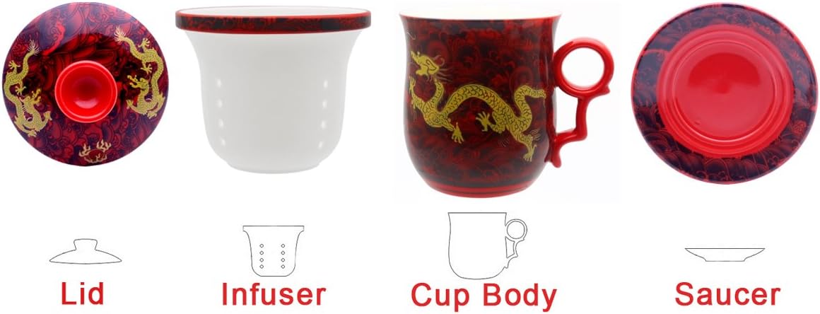 Porcelain Tea Cup with Infuser Lid and Saucer Sets - Chinese Jingdezhen Ceramics Coffee Mug Teacup Loose Leaf Tea Brewing System for Home Office