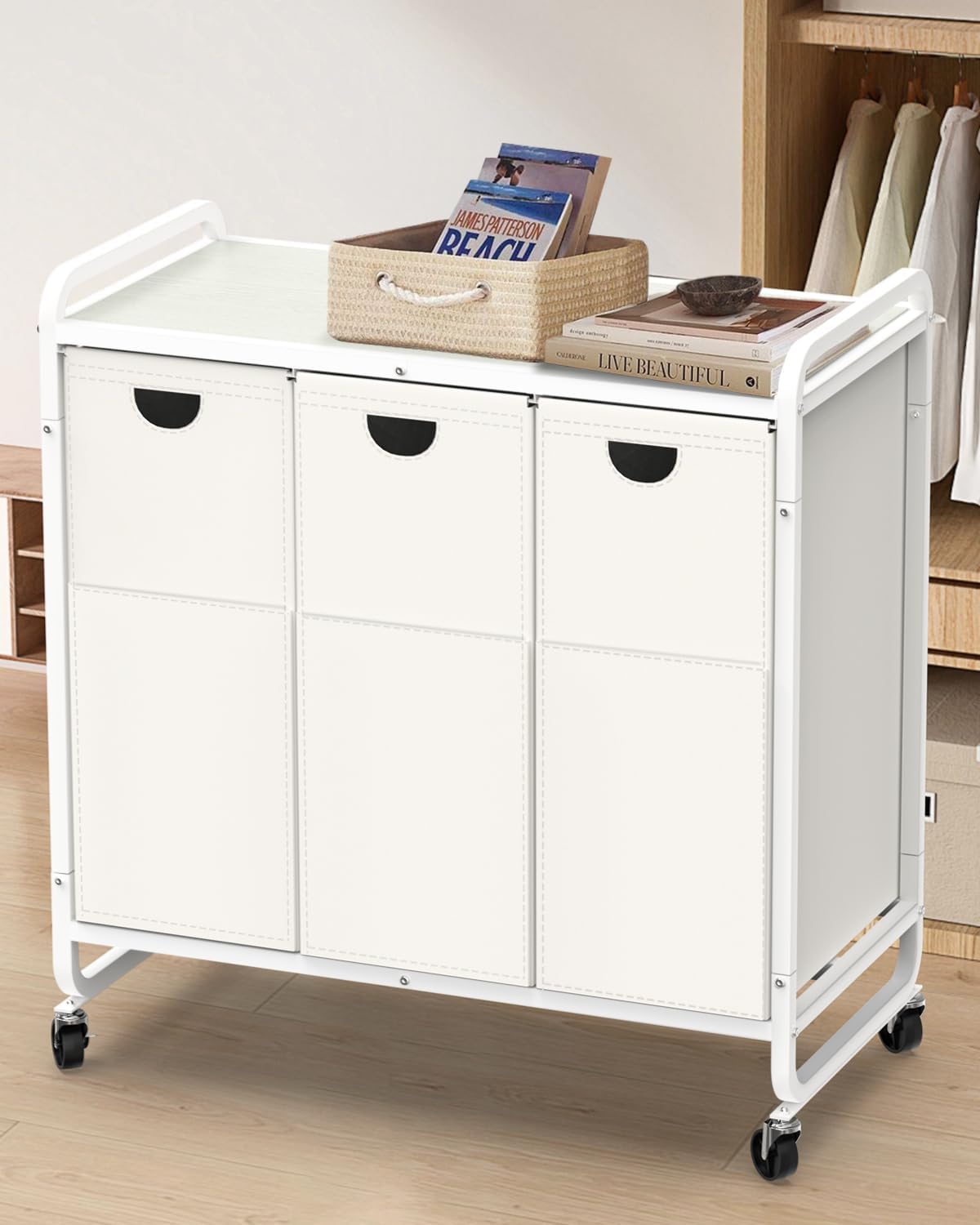 Laundry Sorter 3 Section,Laundry Basket with Wheels,3×15.8 Gal (60L) | Laundry Room Organization with Wooden Desktop Shelf,Pull-Out and Removable 900D Oxford Fabric Laundry Bags for Laundry Room