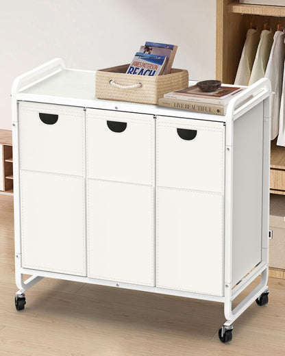 Laundry Sorter 3 Section,Laundry Basket with Wheels,3×15.8 Gal (60L) | Laundry Room Organization with Wooden Desktop Shelf,Pull-Out and Removable 900D Oxford Fabric Laundry Bags for Laundry Room