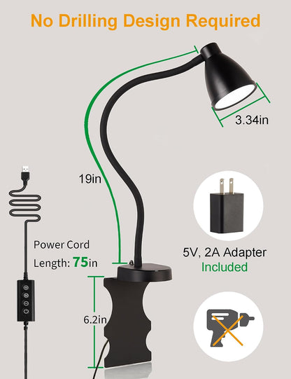 BOHON No Install Bedside Reading Light, Clip-Free Wall Mounted Lamp Black | 5 Colors & 10 Brightness Levels, Flexible Gooseneck, 30 Min Auto-Off Timer, Bed Lights for Headboard, Bedroom, Dorm