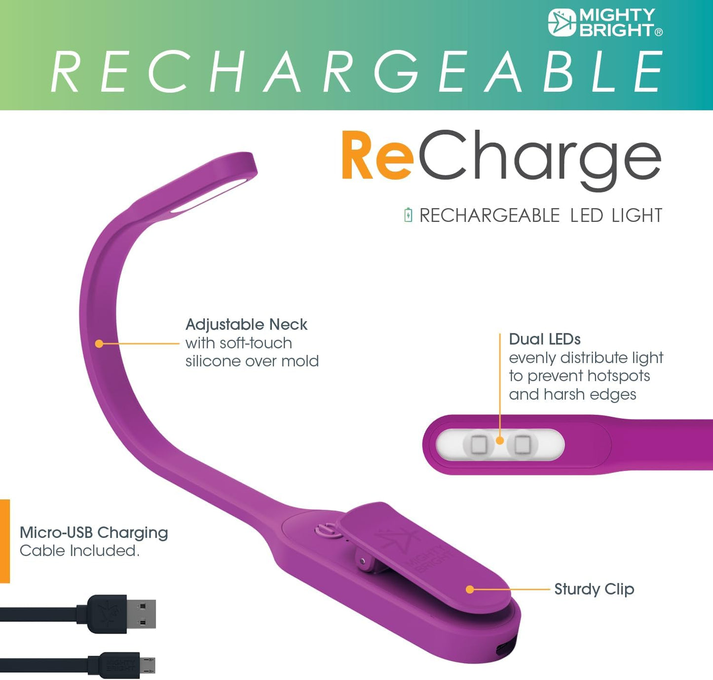 The Original Mighty Bright Recharge Clip On Rechargeable Book Light Reading Light, Warm Eye Care LEDs, Flexible, Durable, Dimmable, Perfect for Kids, Bookworms, Reading in Bed, Lasts 60 Hours (Green)