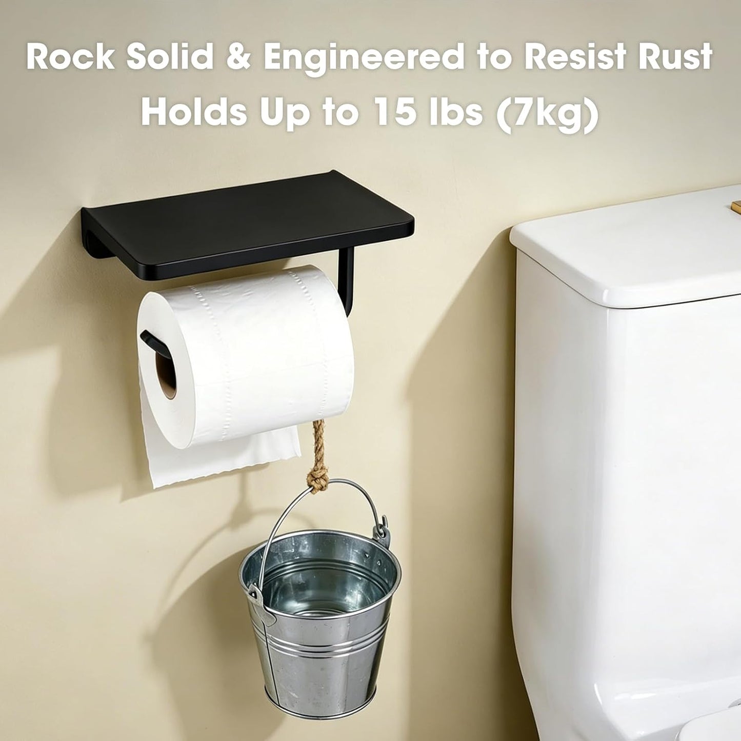TRUSTMI Toilet Paper Holder with Phone Shelf, Zinc Alloy, Brushed Gold | Solid zinc alloy holder holds 15 lbs and fits jumbo rolls. Shelf stores phones and wipes for easy bathroom organization