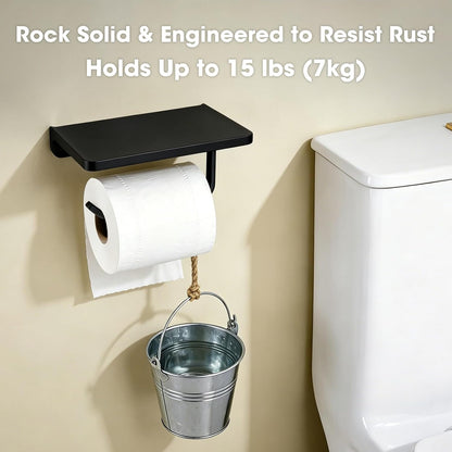 TRUSTMI Toilet Paper Holder with Phone Shelf, Zinc Alloy, Brushed Gold | Solid zinc alloy holder holds 15 lbs and fits jumbo rolls. Shelf stores phones and wipes for easy bathroom organization