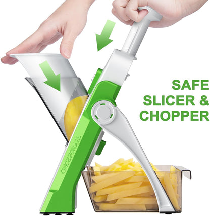 SupMaKin Safe Mandoline Slicer for Kitchen,Adjustable Potato Slicer 1-8 mm | 4 Modes Slice, Strips,Julienne Dicer,Vegetables Slicer Fry Food Cutter,Stainless Steel Blades, Foldable Dishwasher Safe,Gifts