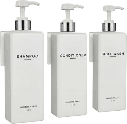 Clear Shampoo and Conditioner Dispenser Set Wall Mounted by Brighter Barns - Refillable Shower Soap Dispensers 3 Chamber No Drill - Plastic Shampoo, Body Wash and Conditioner Bottle for Hotels (Clear)