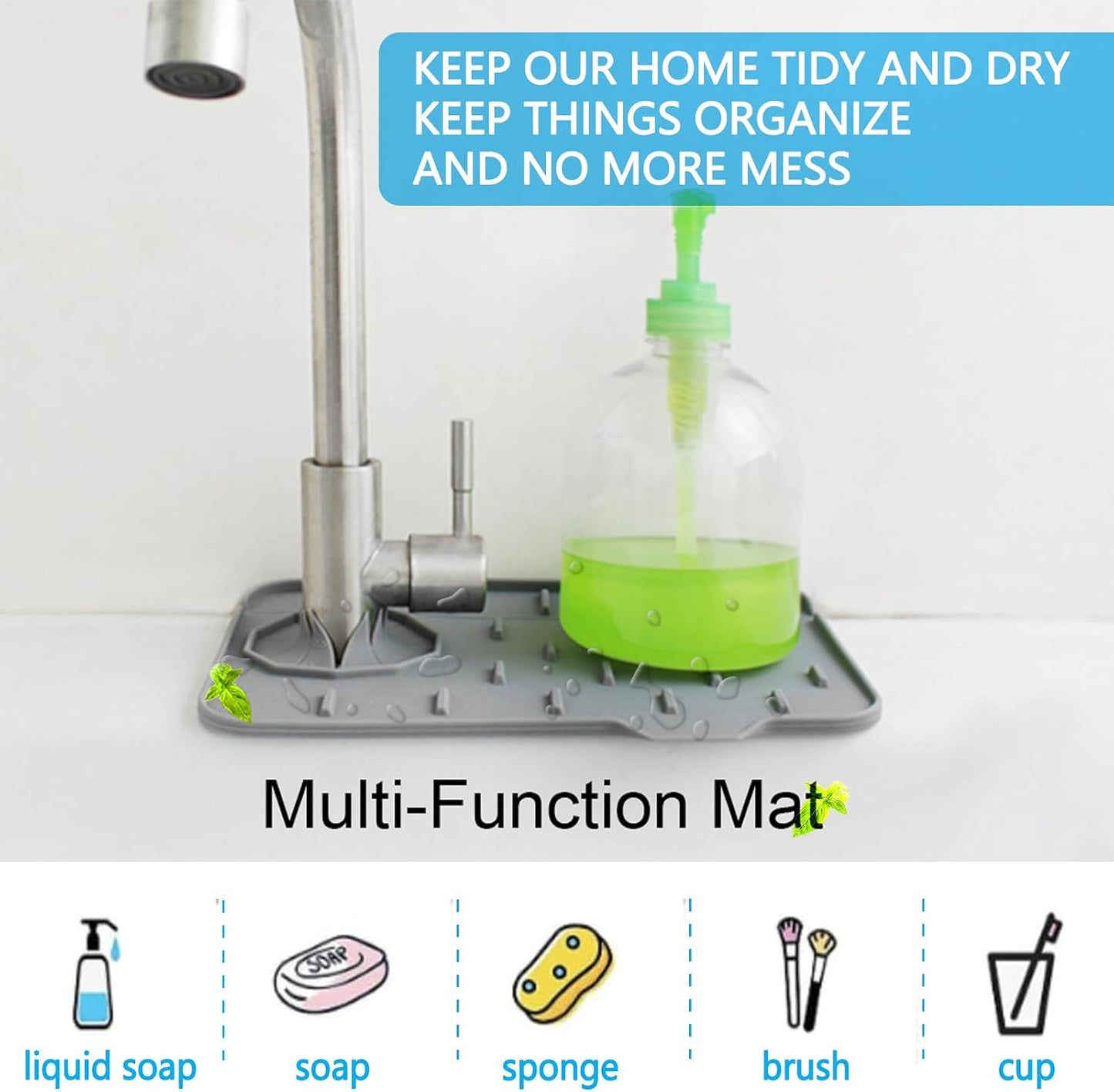 2 Pieces Kitchen Sink Splash Guard 8.3" Mini Sink Faucet Mat Faucet Handle Drip Catcher Tray Mat in Gray Faucet Draining Mat for Soap Sponge Placement Sink Protectors for Kitchen & Bathroom