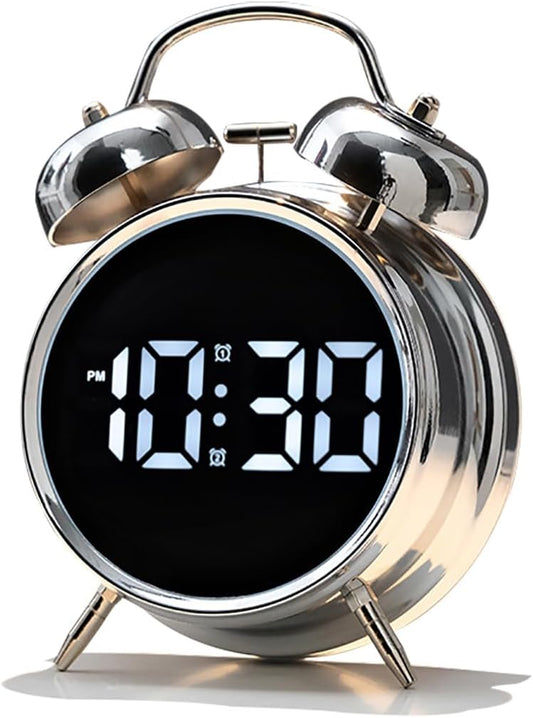 Loud Alarm Clock for Heavy Sleepers Adults, Teens,Kids,Retro Metal Twin Bell 4 Inch,Large Big Numbers Display with Backlight, Small Bedside Digital Clock for Bedrooms (Silvery)