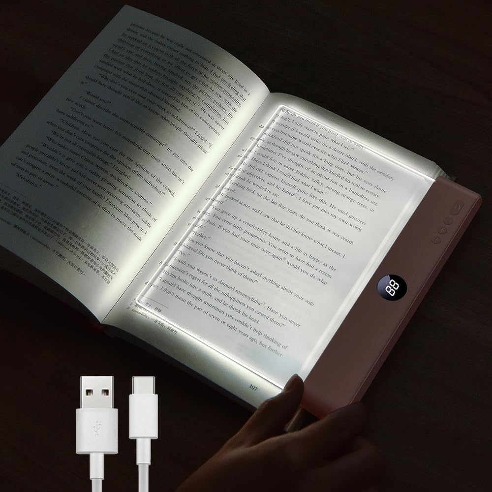 Amber Book Light, Rechargeable Clear LED Flat Reading Light with 3 Colors & Timer, Dimmable Panel Plate Lamp Book Full Page Light for Reading in Bed at Night, Funny Gifts for Readers Book Lovers