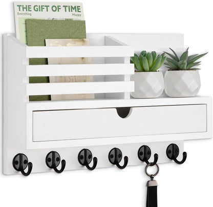 Key Holder Wall Mount, Mail Holder with Storage Drawer | Key and Mail Holder with 5 Key Hooks for Coat, Dog Leash, Home Decor Rack, House Accessories, Entry Way Organizer