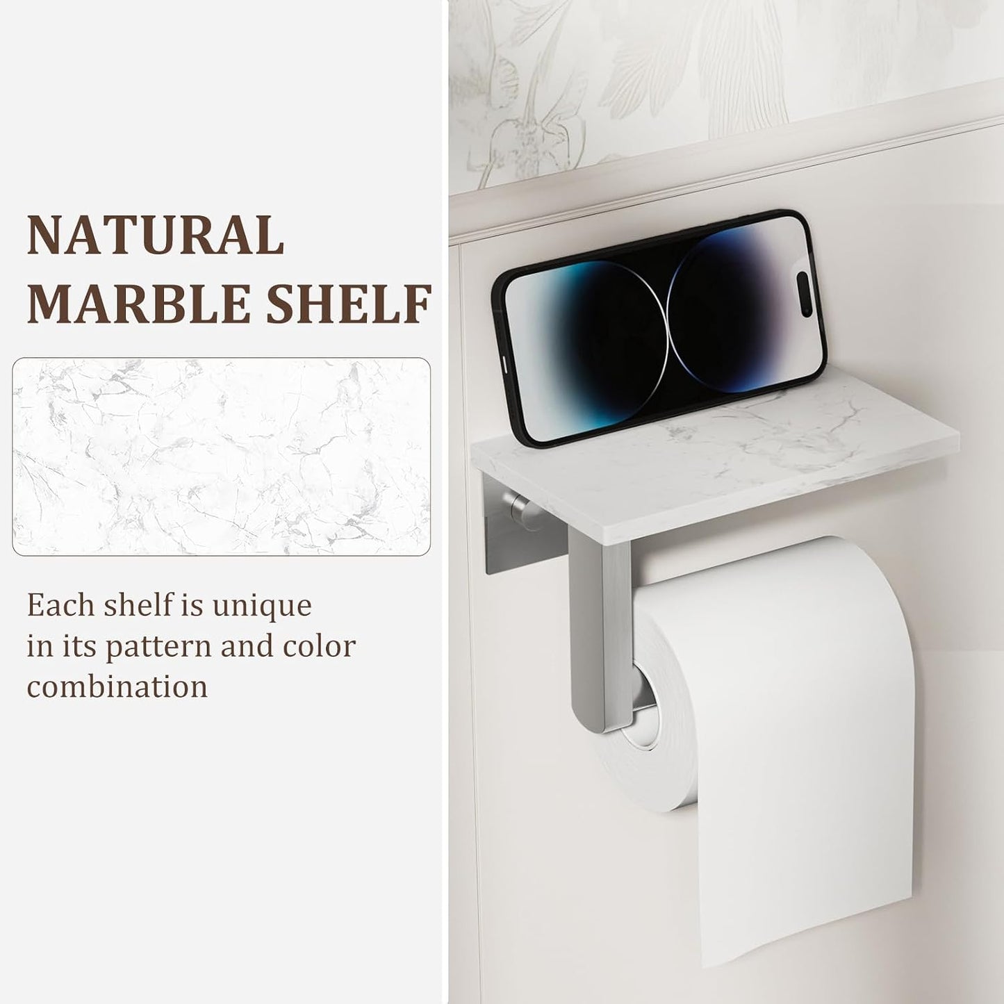 BWE Brushed Gold Toilet Paper Holder with Marble Shelf Wall Mounted | Toilet Paper Roll Holder with Phone Shelf 304 Stainless Steel Tissue Holder for Bathroom Washroom,Saving Space