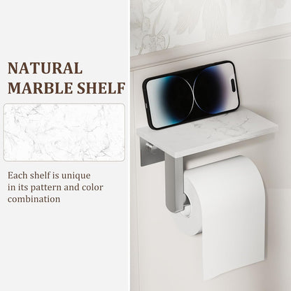 BWE Brushed Gold Toilet Paper Holder with Marble Shelf Wall Mounted | Toilet Paper Roll Holder with Phone Shelf 304 Stainless Steel Tissue Holder for Bathroom Washroom,Saving Space