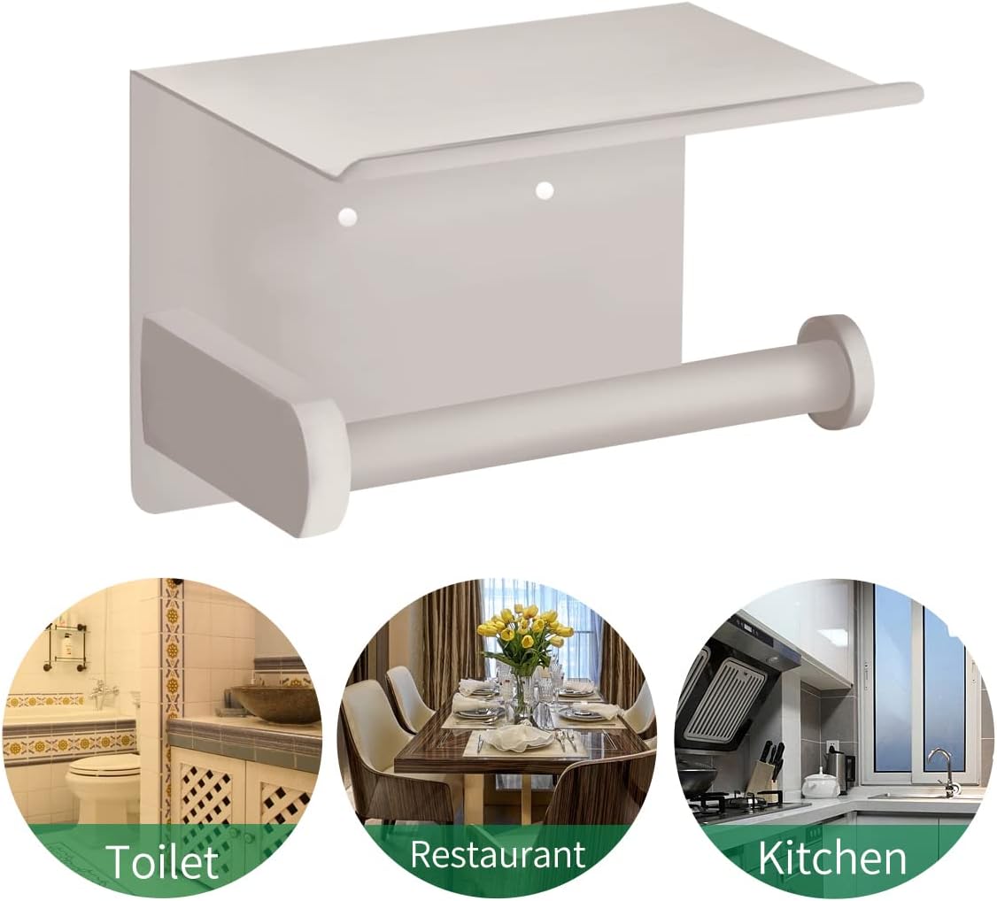 VAEHOLD Self Adhesive Toilet Paper Holder with Phone Shelf Stainless Steel Wall Mounted Toilet Paper Roll Holder - Rustproof and Bathroom Washroom Tissue Roll Holder with Shelf - Black