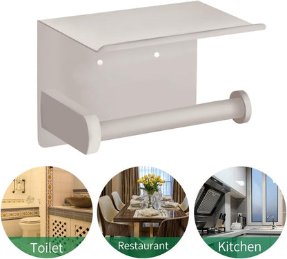 VAEHOLD Self Adhesive Toilet Paper Holder with Phone Shelf Stainless Steel Wall Mounted Toilet Paper Roll Holder - Rustproof and Bathroom Washroom Tissue Roll Holder with Shelf - Black