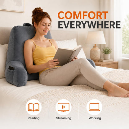 OAISZ Reading Pillow for Sitting in Bed with Shredded Memory Foam, Grey | 19-Inch Back Pillow for Sitting Up in Bed, Extended Arms, Side Pockets, Supportive Adjustable Pillow Removable Washable Cover