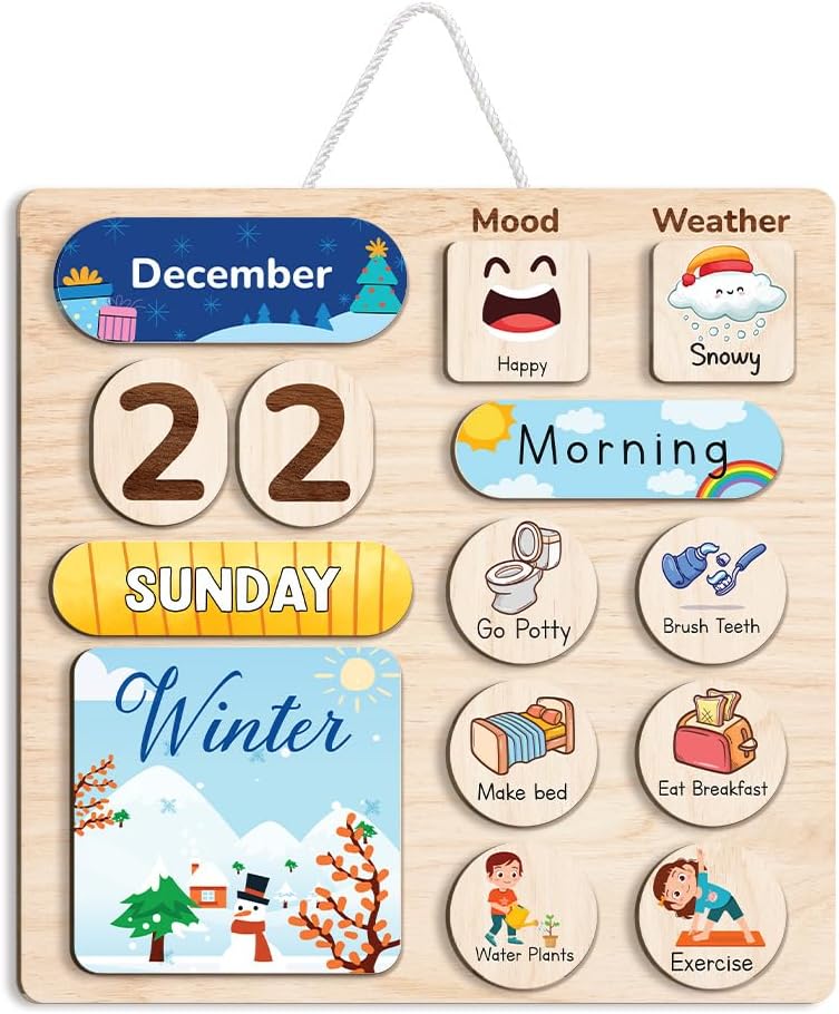 Daily Routine Chart for Kids, Visual Schedule, Routine Chart for Toddlers 3-5, Morning Bedtime Routine Chart for Toddlers, Wooden Chore Chart for Kids