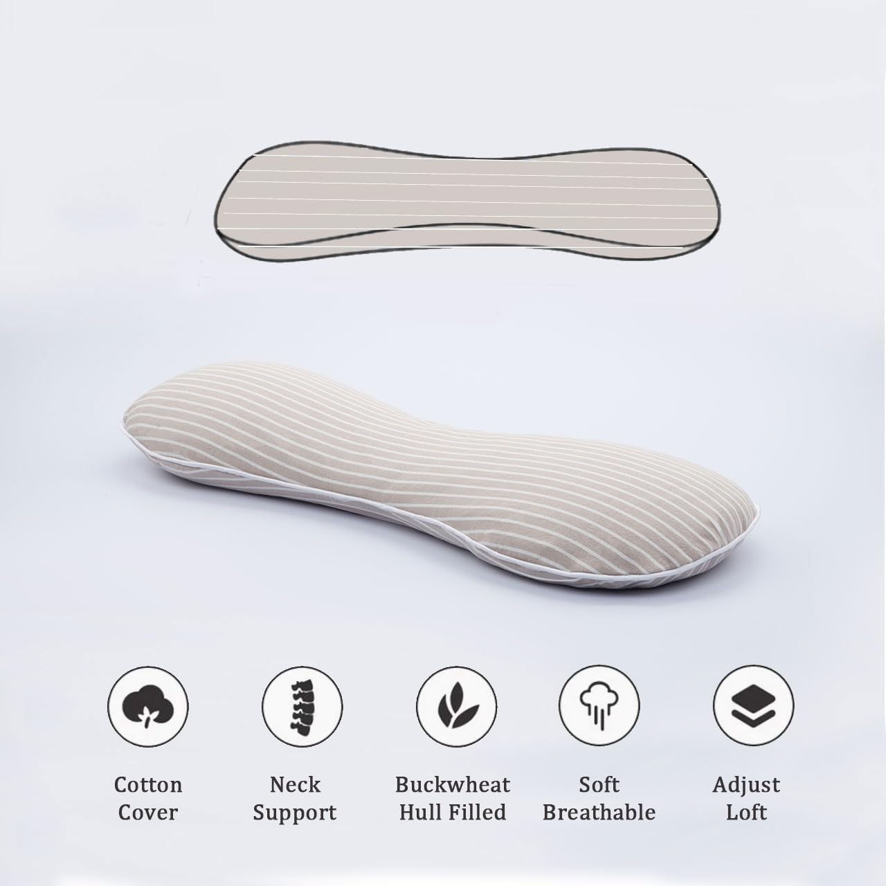 Buckwheat Pillow Cervical Neck Pillow, Buckwheat Hulls Filling Cooling Lumbar Support Pillow, Adjustable Firmness Ergonomic Design with Washable Cover, Blue 19"X7"