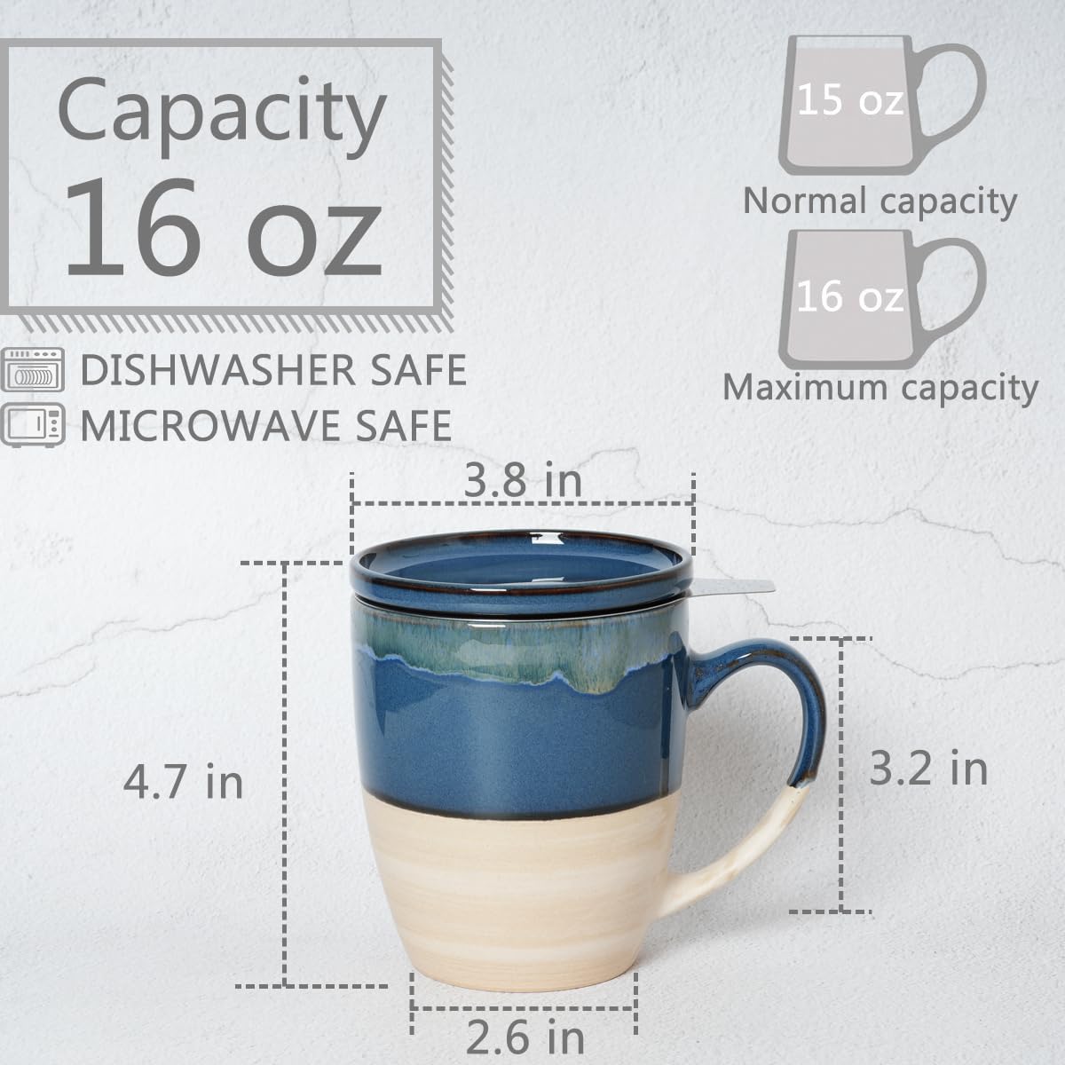 Bosmarlin Ceramic Tea Cup with Infuser and Lid, 16 Oz, Dishwasher and Microwave Safe, 5 Colors to Choose, Reactive Glaze, Steeping Tea Mug with Strainer (Green)