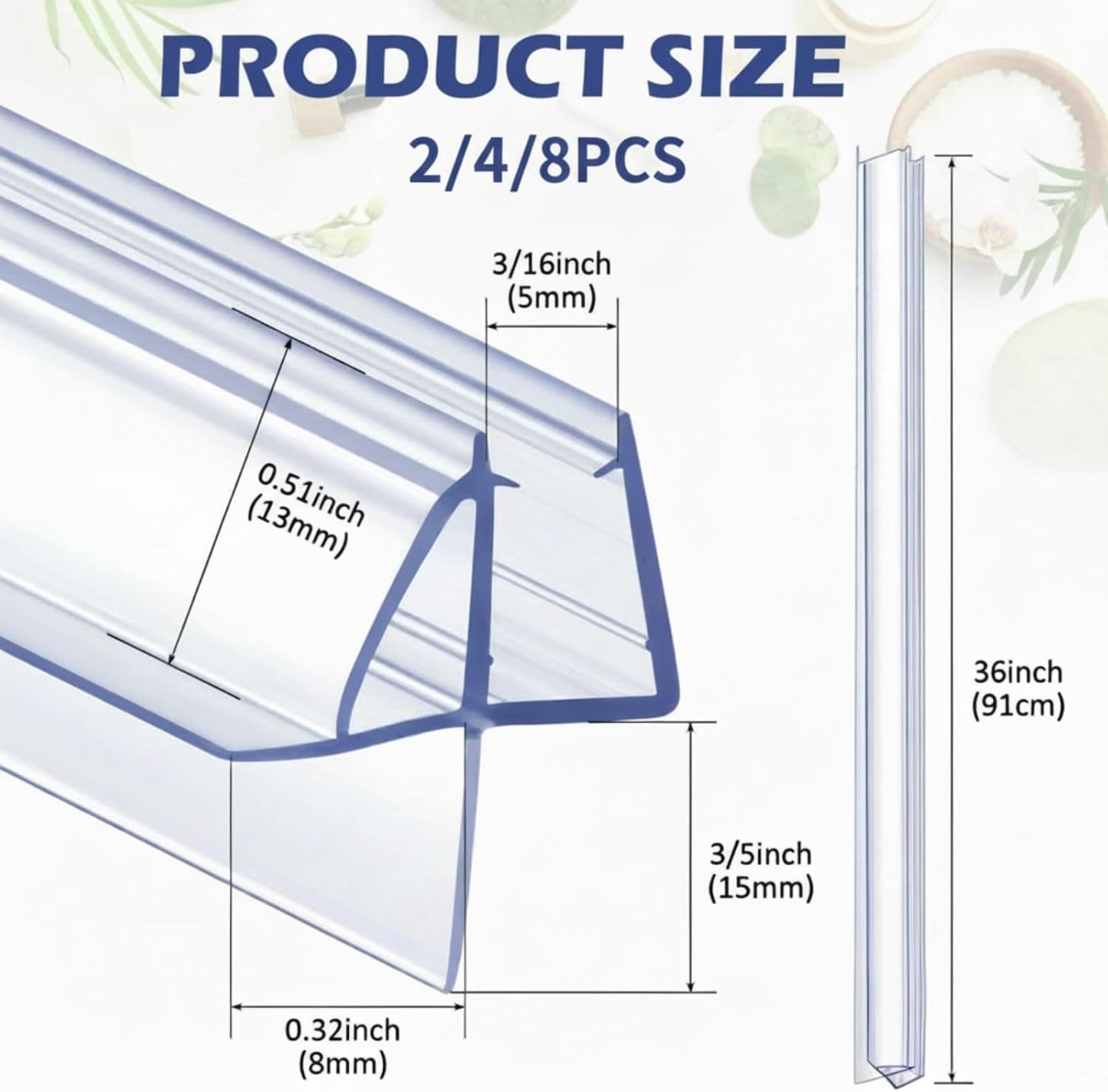 Frienda 2 Pcs Shower Door Bottom Seal 3/8" x 36'' Clear PVC Glass Door Sweep Shower Frameless Seal Strip for Replacement Stopping Leaks and Creating Water Barrier