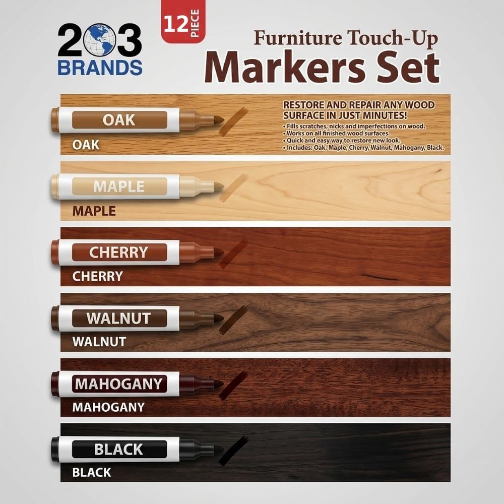 Furniture Touch-Up Markers Set | Wood Repair Kit for Fixing Stains and Scratches on Floors, Tables, Bedposts, Desks | Markers and Wax Sticks to Cover Up Oak Maple Cherry Walnut Mahogany