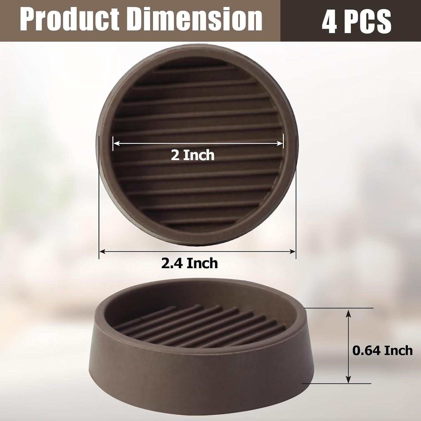 4 Pack 1.5 Inch Round Rubber Caster Cups Floor Protector Brown | Dense Rubber Anti-Slip Firm Grip, Floor Protection From Scratches, Slide-In No Tools Needed, Blends With Wood Metal Finishes