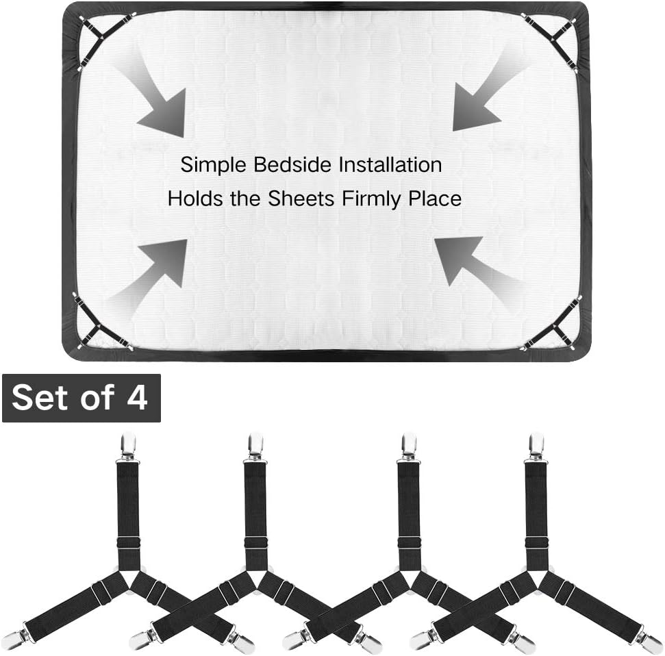 Foloda Sheet Holders, 4 pcs Adjustable Bed Sheet Straps, Fitted Sheet Holder Clips Fasteners Suspenders Gripper Locker Scrunchie for Bed Mattress Corners, Keep Sheet Firm Tight