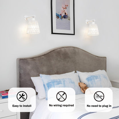 Boho Battery Operated Wall Sconces, Rattan Wall Sconce Set of 2 with Remote, RGB 15 Colors Dimmable Rechargeable Wall Light, Black Indoor Wireless Wall Lamp, Farmhouse Rattan Wall Lighting for Bedroom