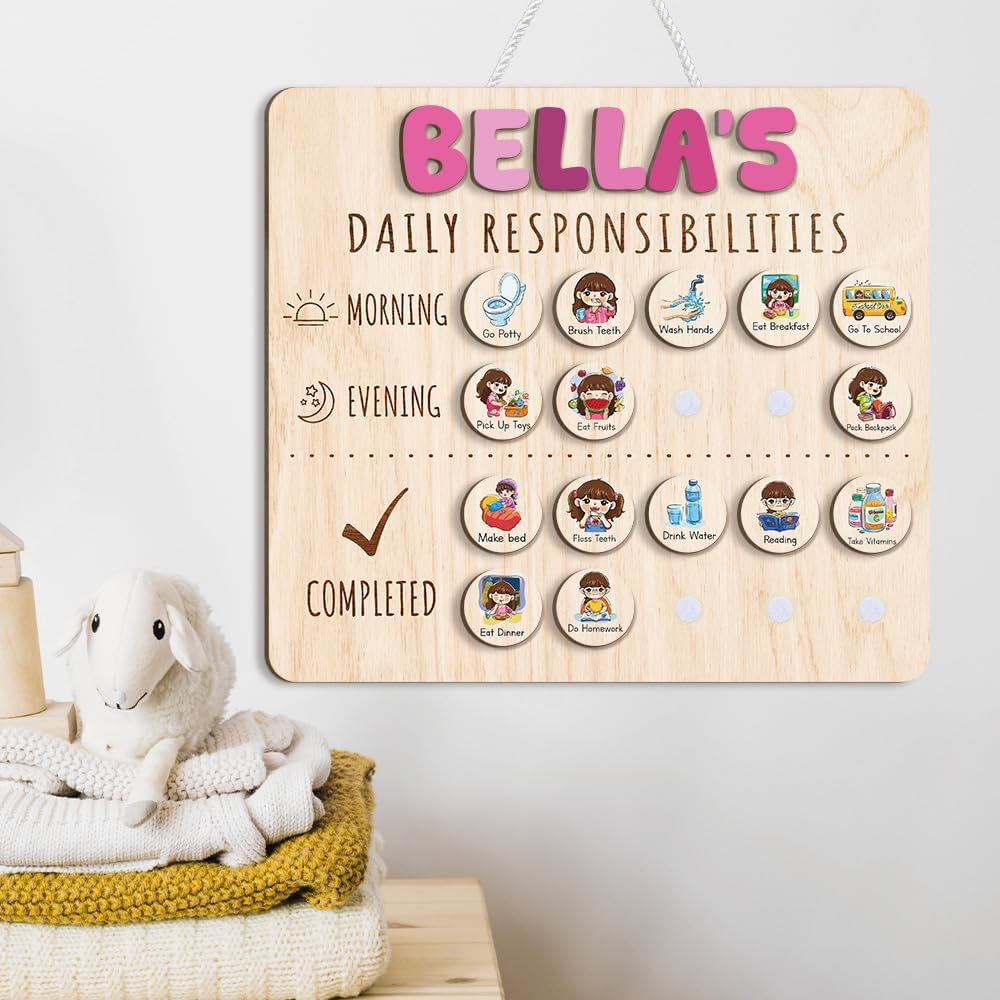 Daily Routine Chart for Kids, Visual Schedule, Routine Chart for Toddlers 3-5, Morning Bedtime Routine Chart for Toddlers, Wooden Chore Chart for Kids