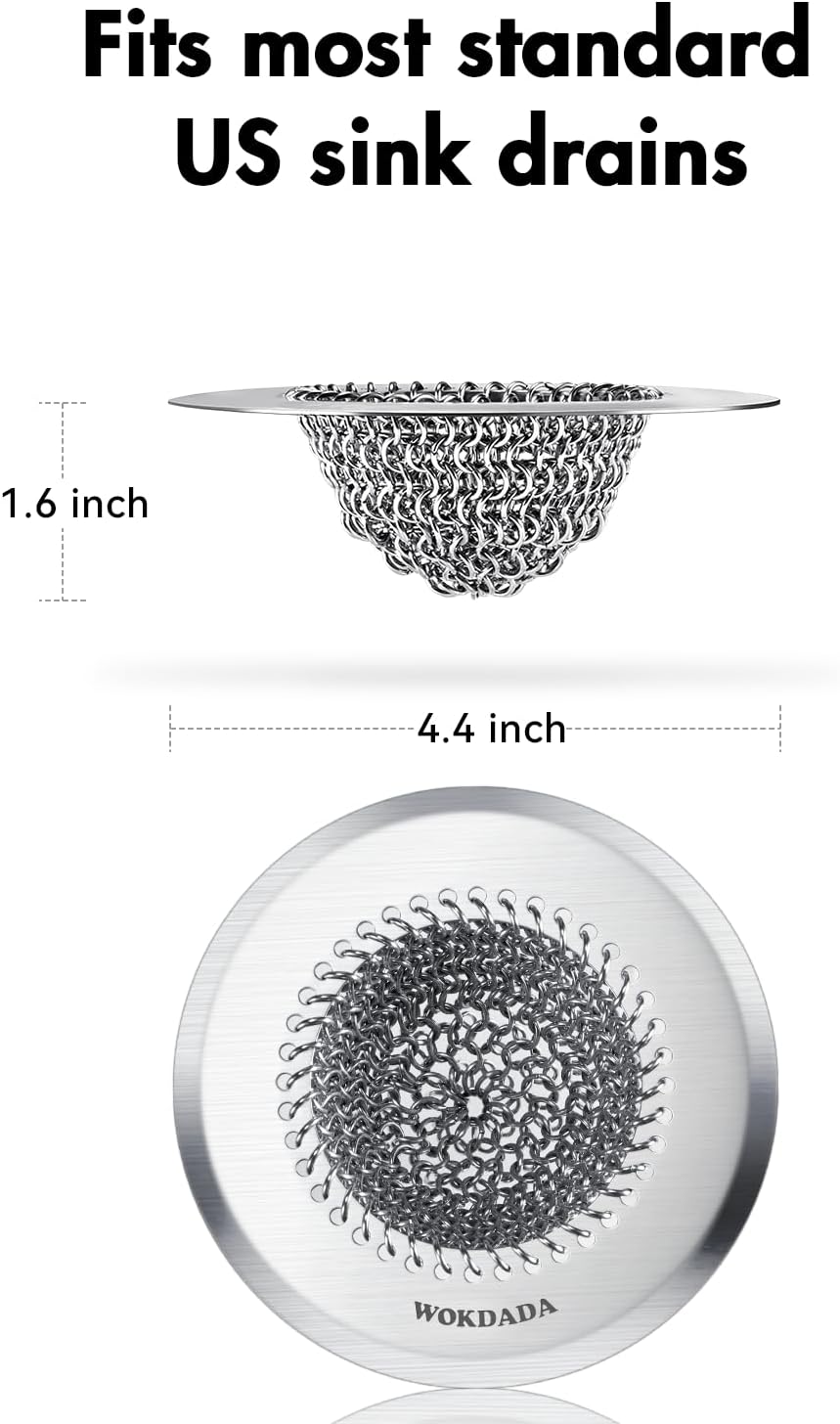 Kitchen Sink Drain Strainer,Patented Reversible Chain Mesh Basket Anti-Clog | Revolutionary Sink Strainer，Easy Clean，Fast Drainage，304 Stainless Steel Rust-Proof，4.4" Large Capacity Food Catcher，Handmade