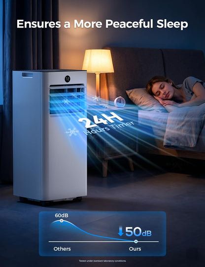 14000BTU Portable Air Conditioner, 4-in-1 700 Sq. Ft, Quiet for room | 14000BTU AC cools 700sq.ft, 4-in-1 cool/fan/dry/sleep, quiet, LED, remote, 24H timer, kit, for bed/office/dorm.